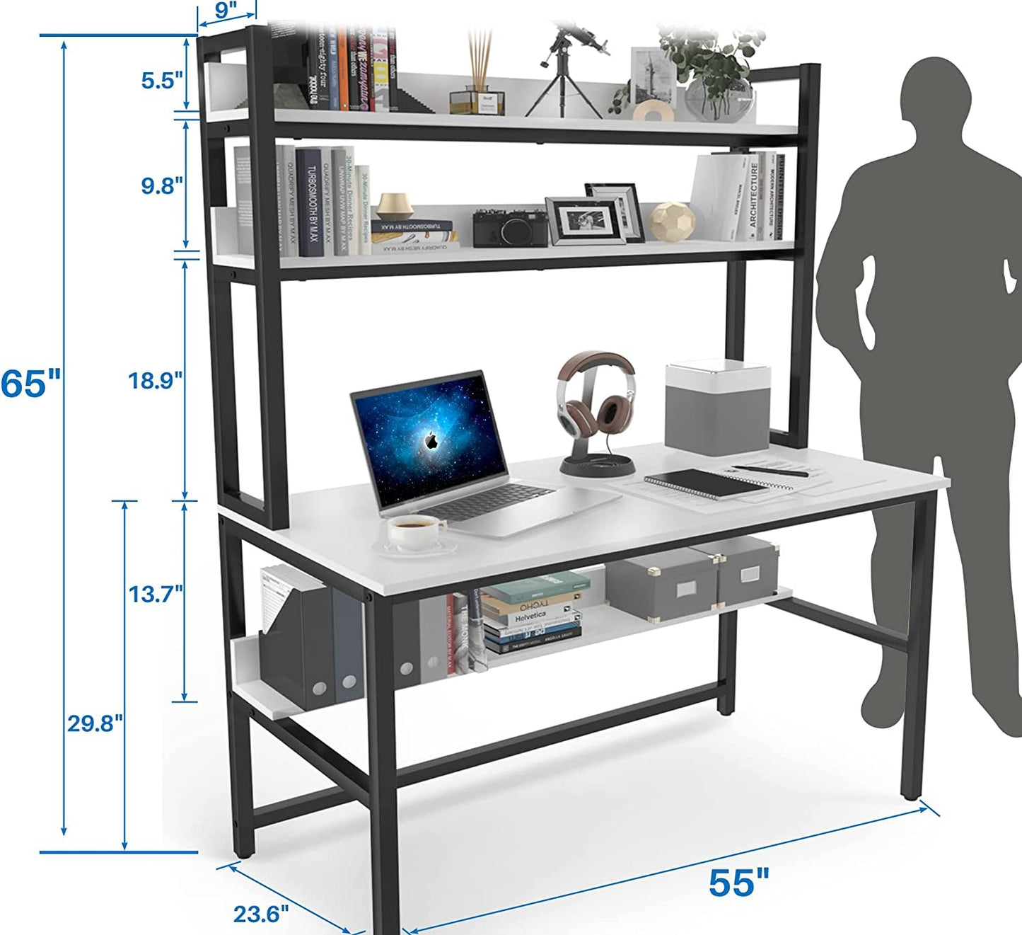 55-Inch White Desk with Hutch and Bookshelf-3