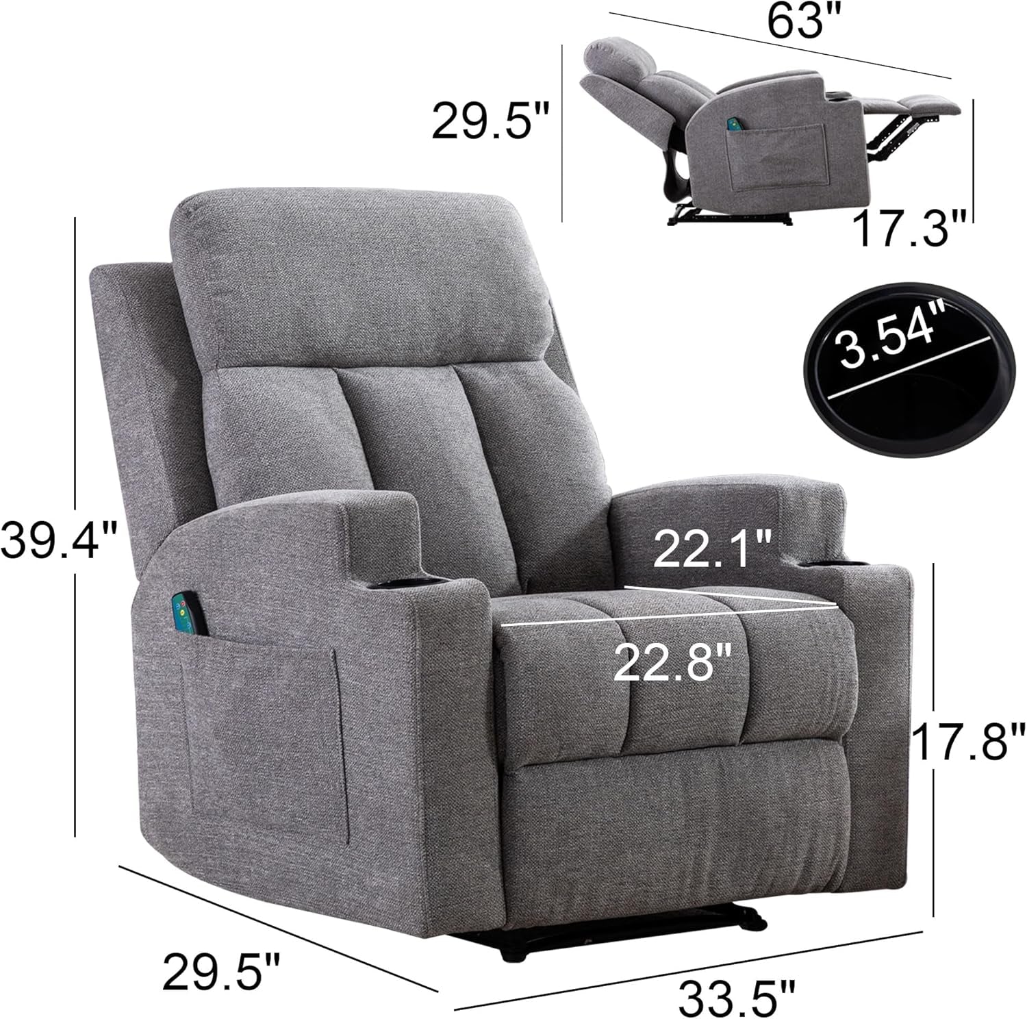 Manual Recliner Chair with Massage and Heat for Living Room Overstuffed Breathable Fabric Reclining Chair with 2 Side Pockets, 2 Cup Holders, Remote Control, Gray-2