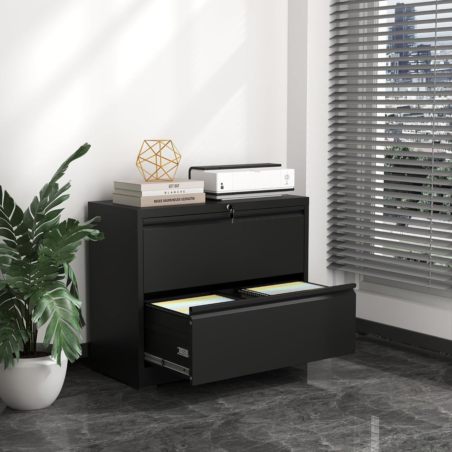 Lateral File Cabinet with Lock,2 Drawer Metal Filing Cabinets, Home Office Storage Cabinet for Hanging Files Letter/Legal/F4/A4 (Black)-1