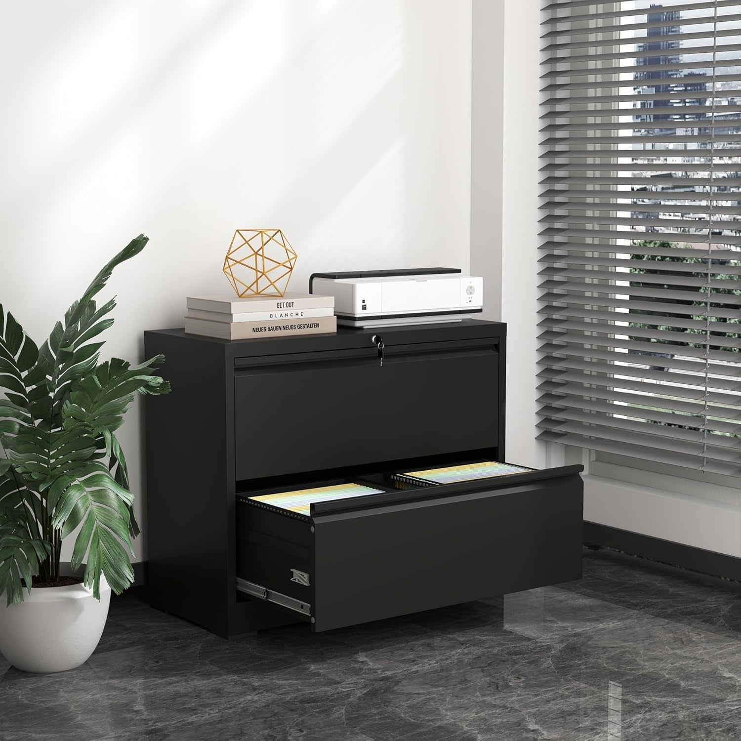 Lateral File Cabinet with Lock,2 Drawer Metal Filing Cabinets, Home Office Storage Cabinet for Hanging Files Letter/Legal/F4/A4 (Black)-1