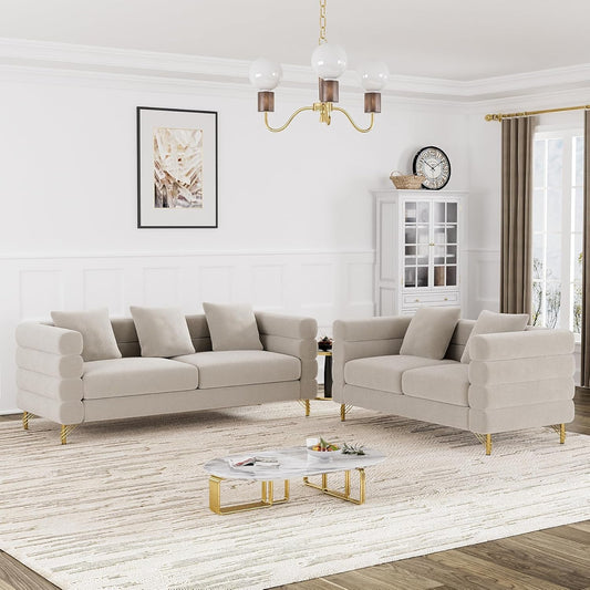 Living Room Sofa Couch and Loveseat Set, Modern Comfy Velvet Deep Seat Cloud Couch with 5 Pillows, Oversized Sofa Furniture Sets for Living Room Bedroom, Grey Velvet-0