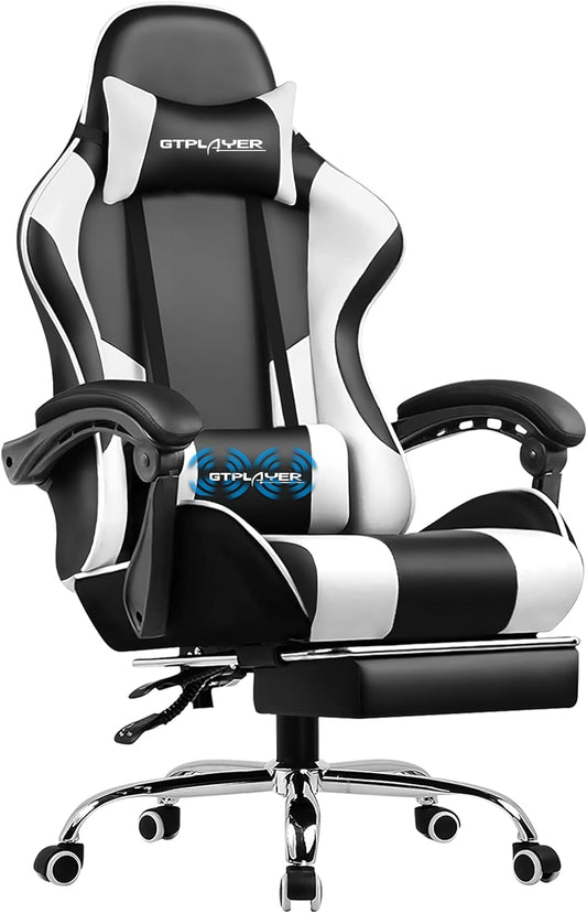 Gaming Chair, Computer Chair with Footrest and Lumbar Support, Height Adjustable Game Chair with 360°-Swivel Seat and Headrest and for Office or Gaming (White)-0