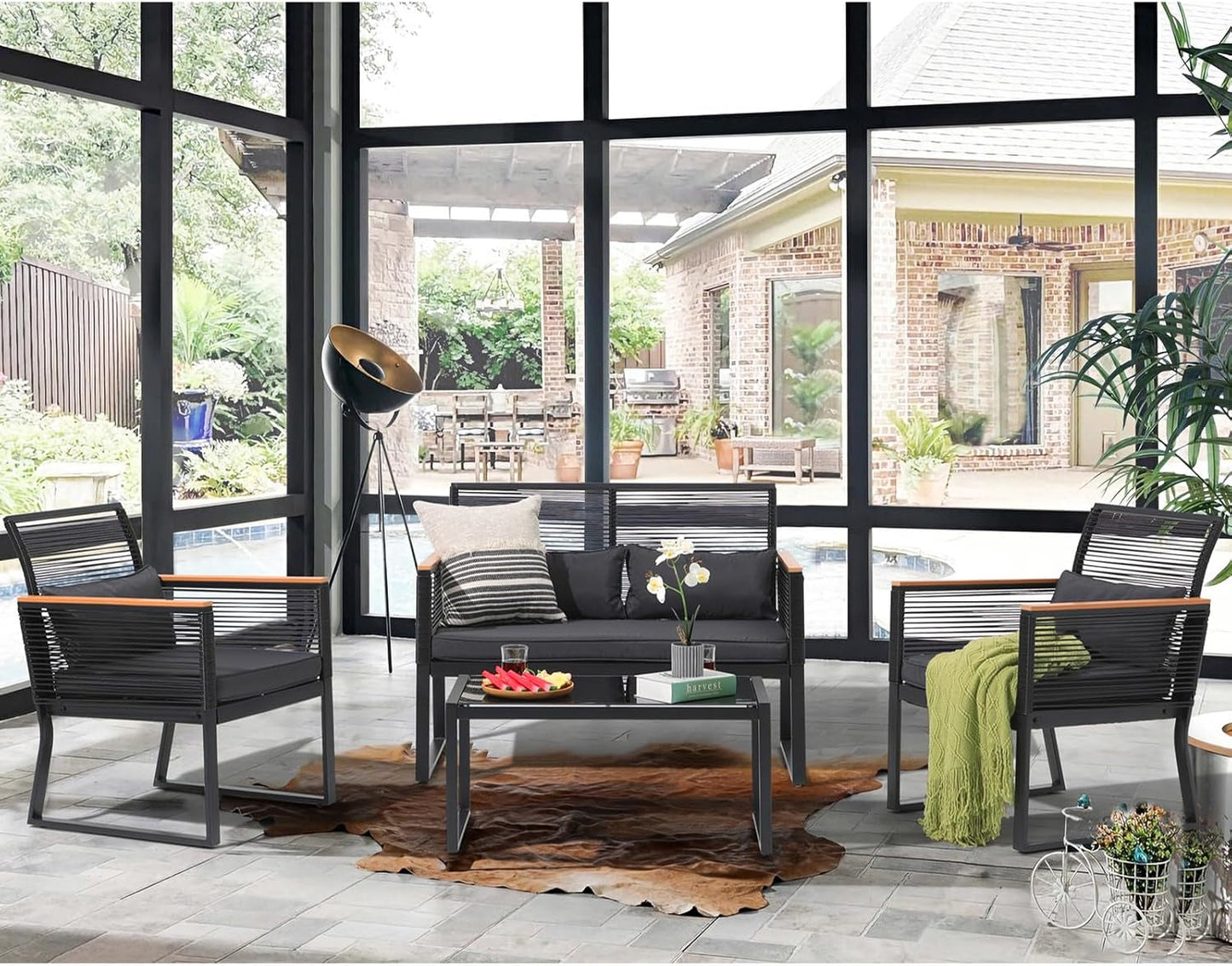 4 Piece Patio Furniture Set, Outdoor Wicker Bistro Set, All-Weather Black PE Rattan Conversation Set W/Coffee Table, Loveseat, Wood-Like Armrest, Cushions for Garden Balcony Deck, Dark Grey-0