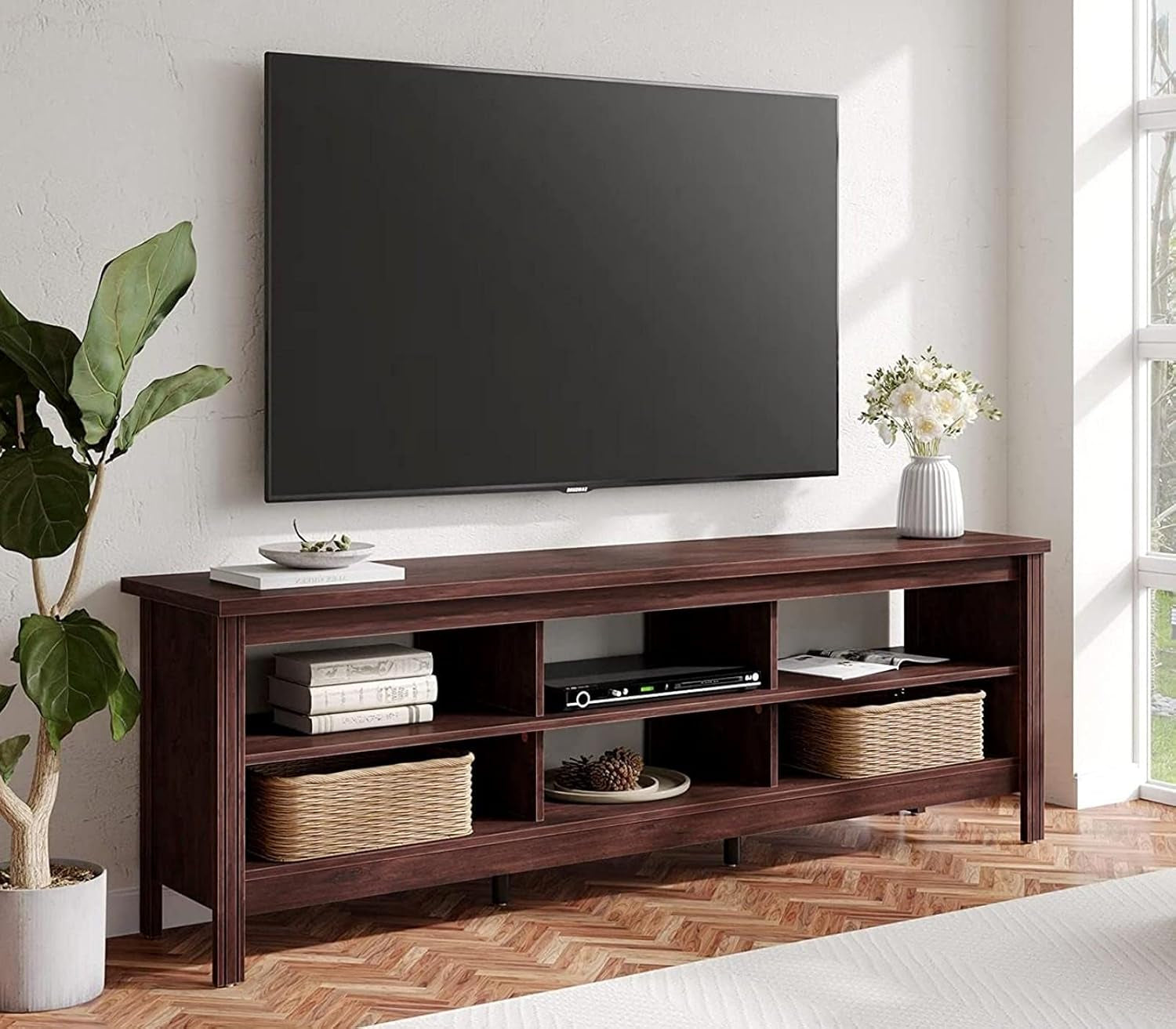 70 Inch TV Stand for 75+ Inch TV, Wood Entertainment Center with 6 Storage Shelf, Classic TV Console Table Media Table for Living Room & Bedroom, Brown-0