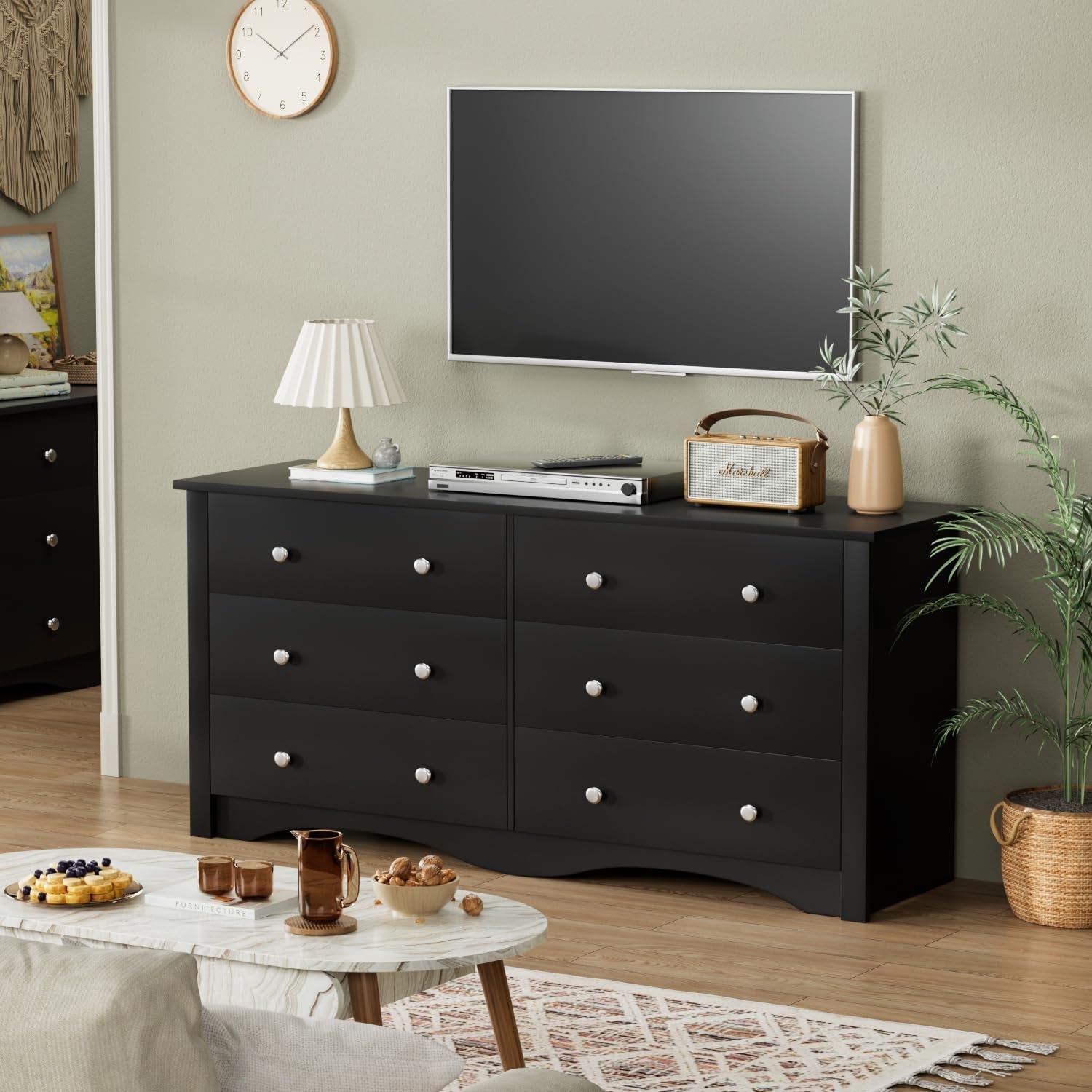 Dresser with 6 Drawer, Wood Wide Chest Storage Organizer and TV Stand for Living Room, Hallway, Dormitory, Black-3