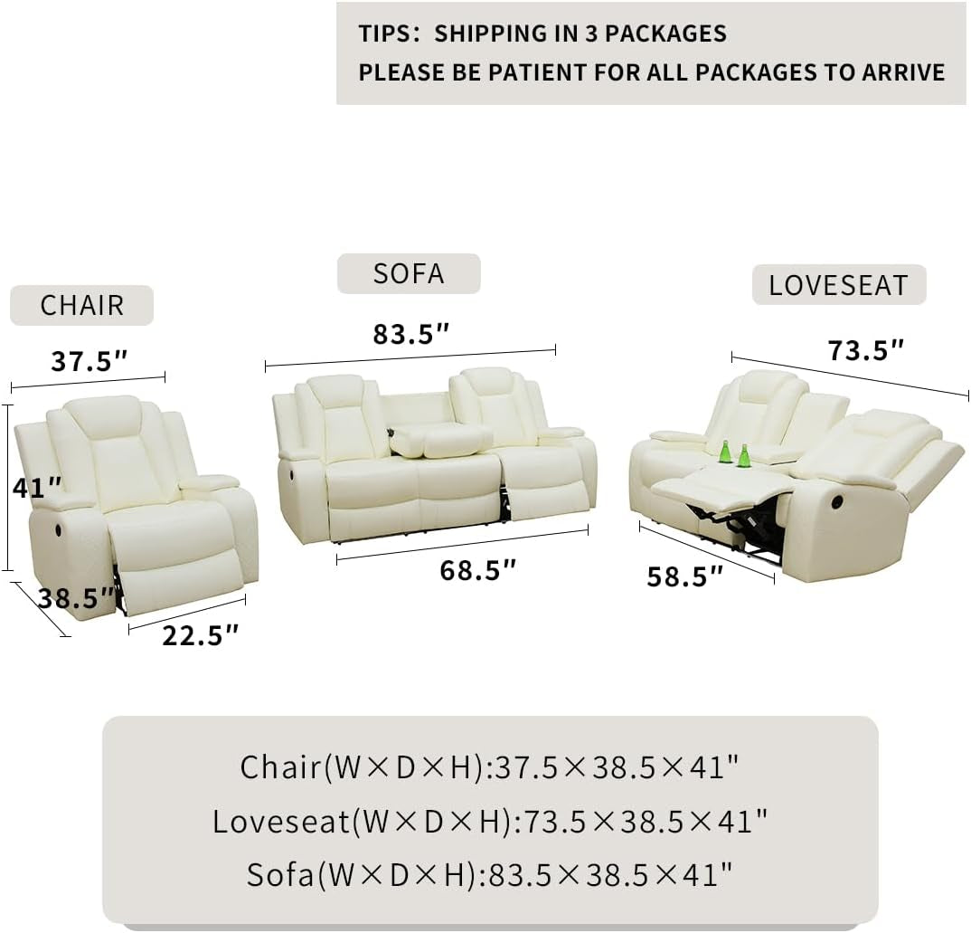 Living Room Set Leather Sofa Power Recliner Living Room Furniture Set Power Manual Loveseat with Cup Holders/Storage Console/Led Light for Living Room/Apartment(Creamy White, Loveseat)-1