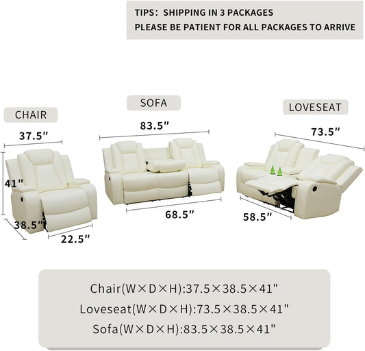 Living Room Set Leather Sofa Power Recliner Living Room Furniture Set Power Manual Loveseat with Cup Holders/Storage Console/Led Light for Living Room/Apartment(Creamy White, Loveseat)-1