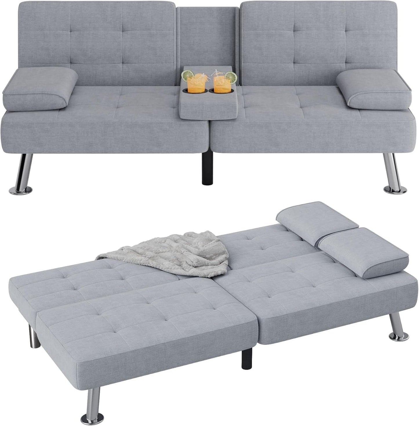 Futon Sofa Bed Modern Folding Futon Set Linen Fabric Convertible Recliner Lounge for Living Room with 2 Cup Holders, Removable Armrests (Fabric, Light Grey)-0