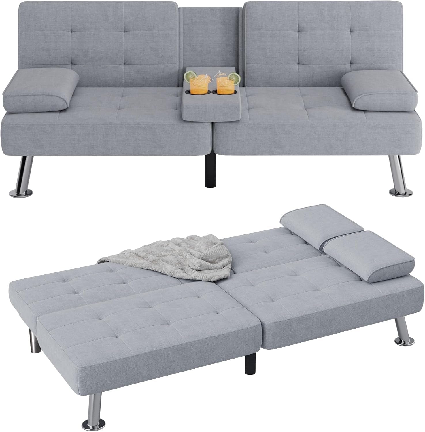 Futon Sofa Bed Modern Folding Futon Set Linen Fabric Convertible Recliner Lounge for Living Room with 2 Cup Holders, Removable Armrests (Fabric, Light Grey)-0