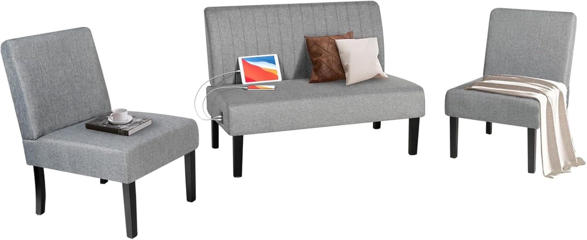 3 Piece Living Room Furniture Set with USB, Mini Small Comfy Couch for Bedroom, Accent Chairs and Loveseat Sofa Couch Set, Small Couches for Small Space, Apartment (Grey, 1+1+2(Armless))-0
