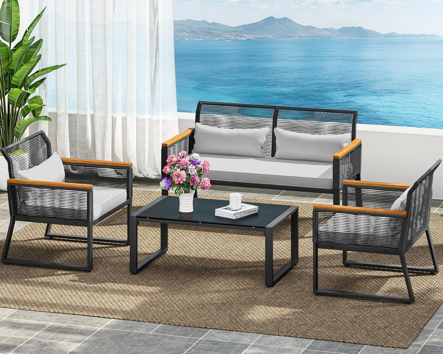 4-Piece Outdoor Wicker Patio Conversation Furniture Set, All-Weather Wicker Bistro Rattan Loveseat Set with Wooden Armrests, Metal Side Table and Cushions for Backyard, Balcony, Deck, Black-0