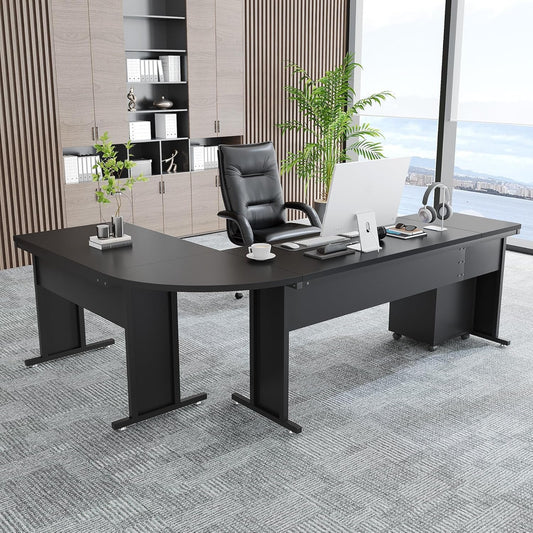 83" L-Shaped Executive Desk, Large Office Desk with 3-Drawer Mobile File Cabinet, Industrial Computer Desk with Storage Drawers, Business Furniture Table Workstation for Home Office (Black)-0