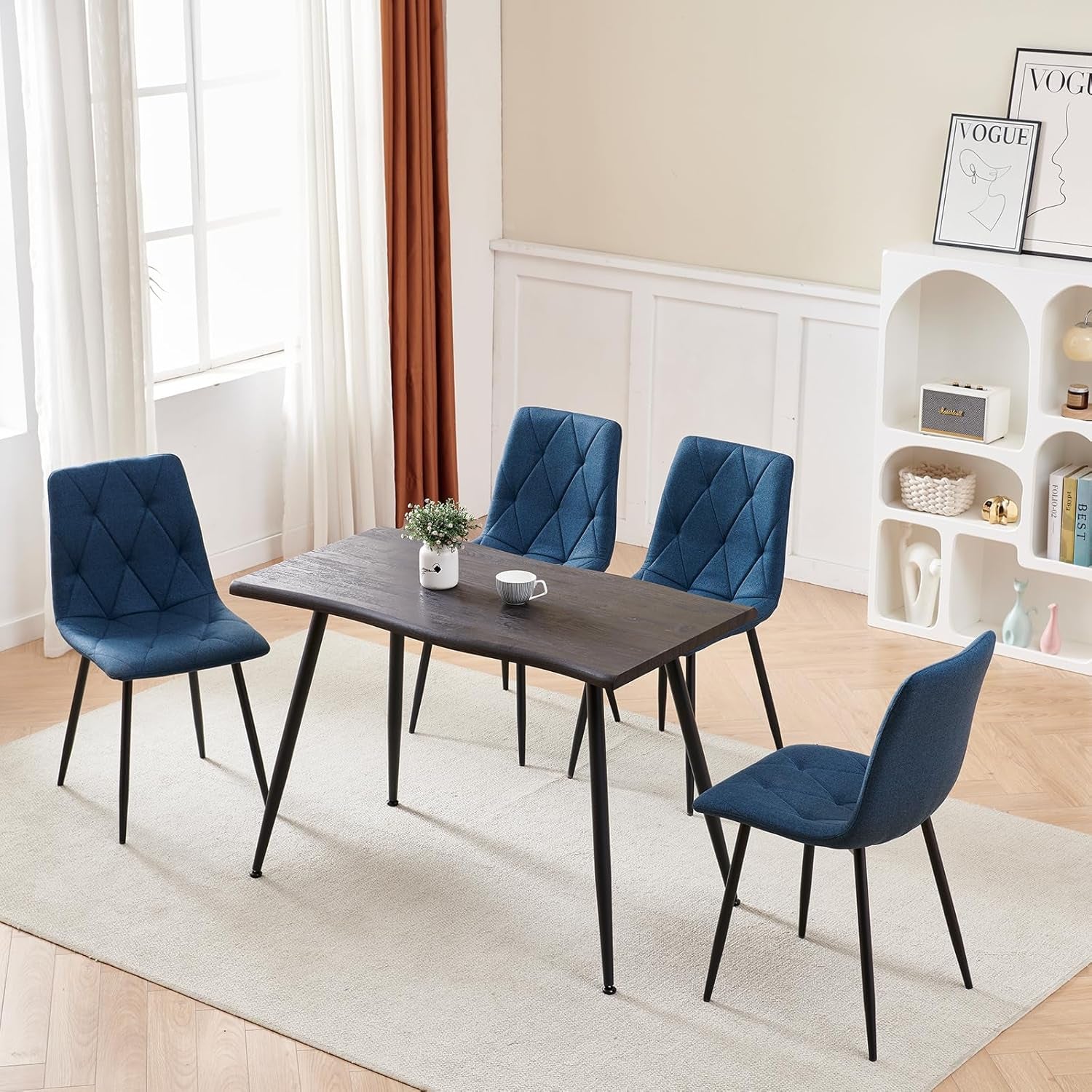 4 Set of Dining Chairs, Metal Frame Dining Chair for Kitchen Room,Technology Cloth Seat Chair for Living Room, Bedroom(Blue)-0