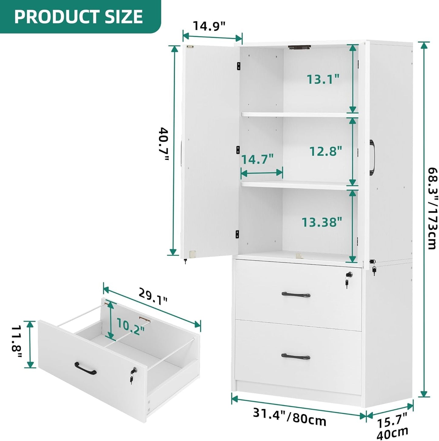 Wood File Cabinets, Heavy Duty Garage Tool Cabinets with Doors & Adjustable Shelves, Big Storage Filing Lockers for Home Office, Living Room, Pantry, Gym, Basement, Warehouse, White-2
