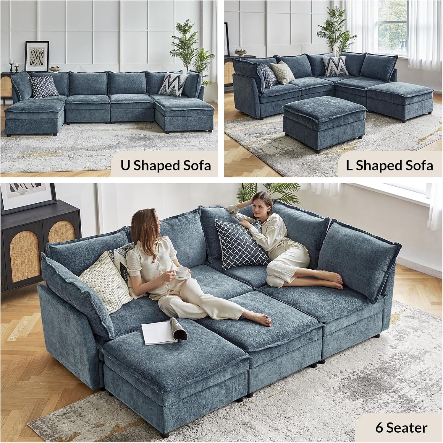 127'' Modular Sectional Sofa, Oversized U Shaped Couch with Storage Ottoman, Extra Deep Seat, Modern Comfy Chenille Sofa with Chaise, 6 Seat Convertible Couches for Living Room, Blue-3