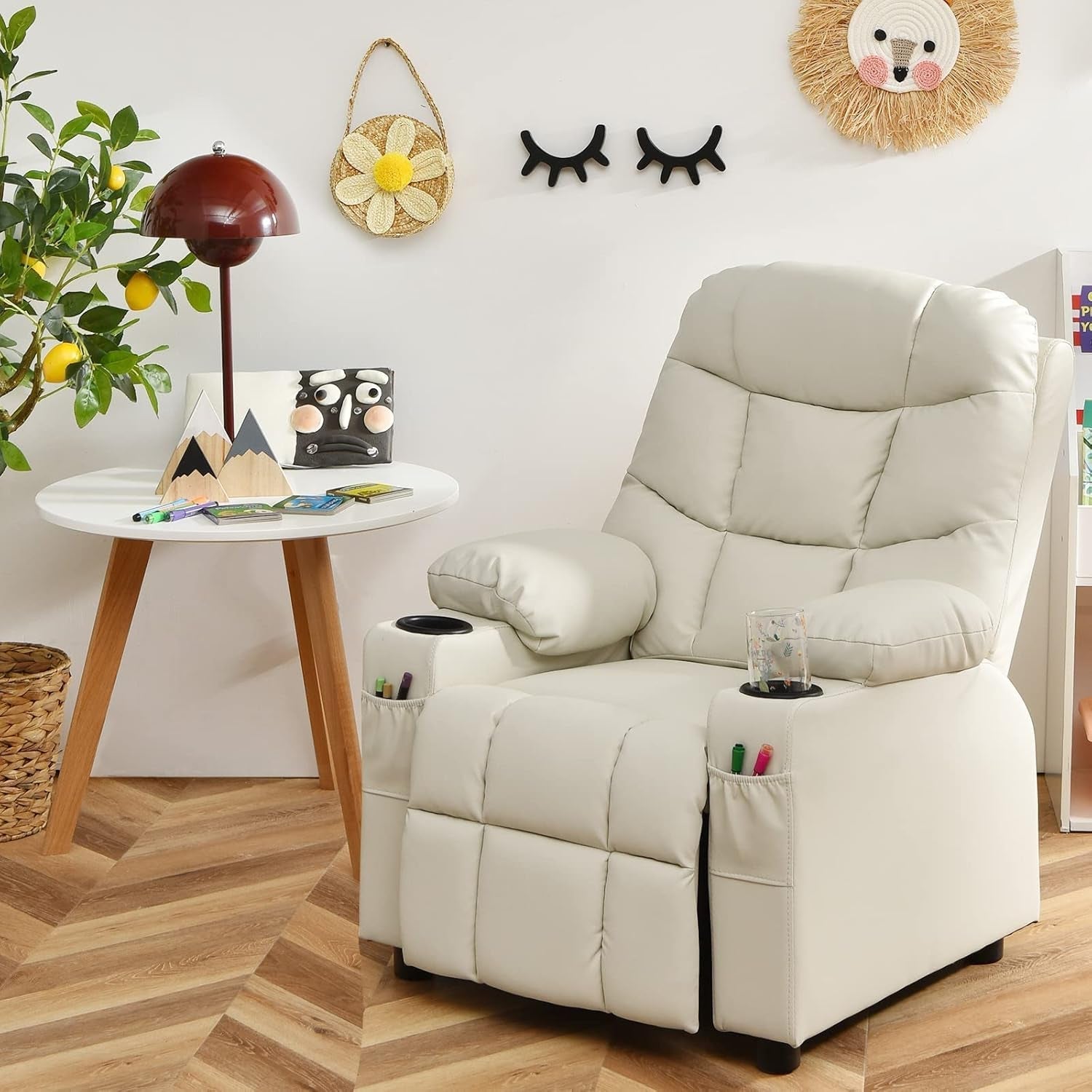Kids Recliner Chair with Cup Holder, Adjustable Lounge Chair W/Footrest & Side Pockets for Children Boys Girls Room, Ergonomic Toddler Furniture Sofa, Kids Recliner (Beige)-0