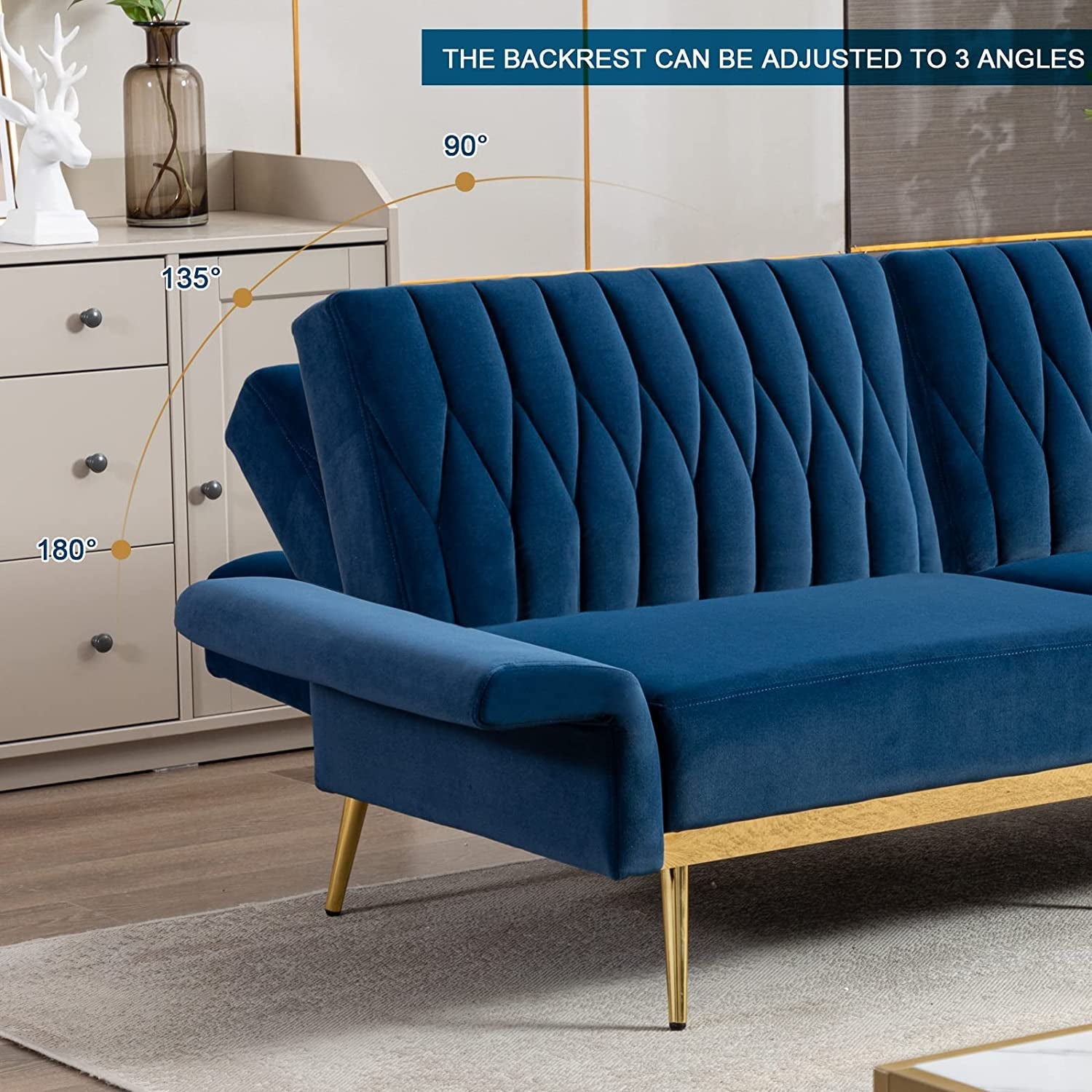 Blue Velvet Convertible Sofa Bed with Metal Legs-4