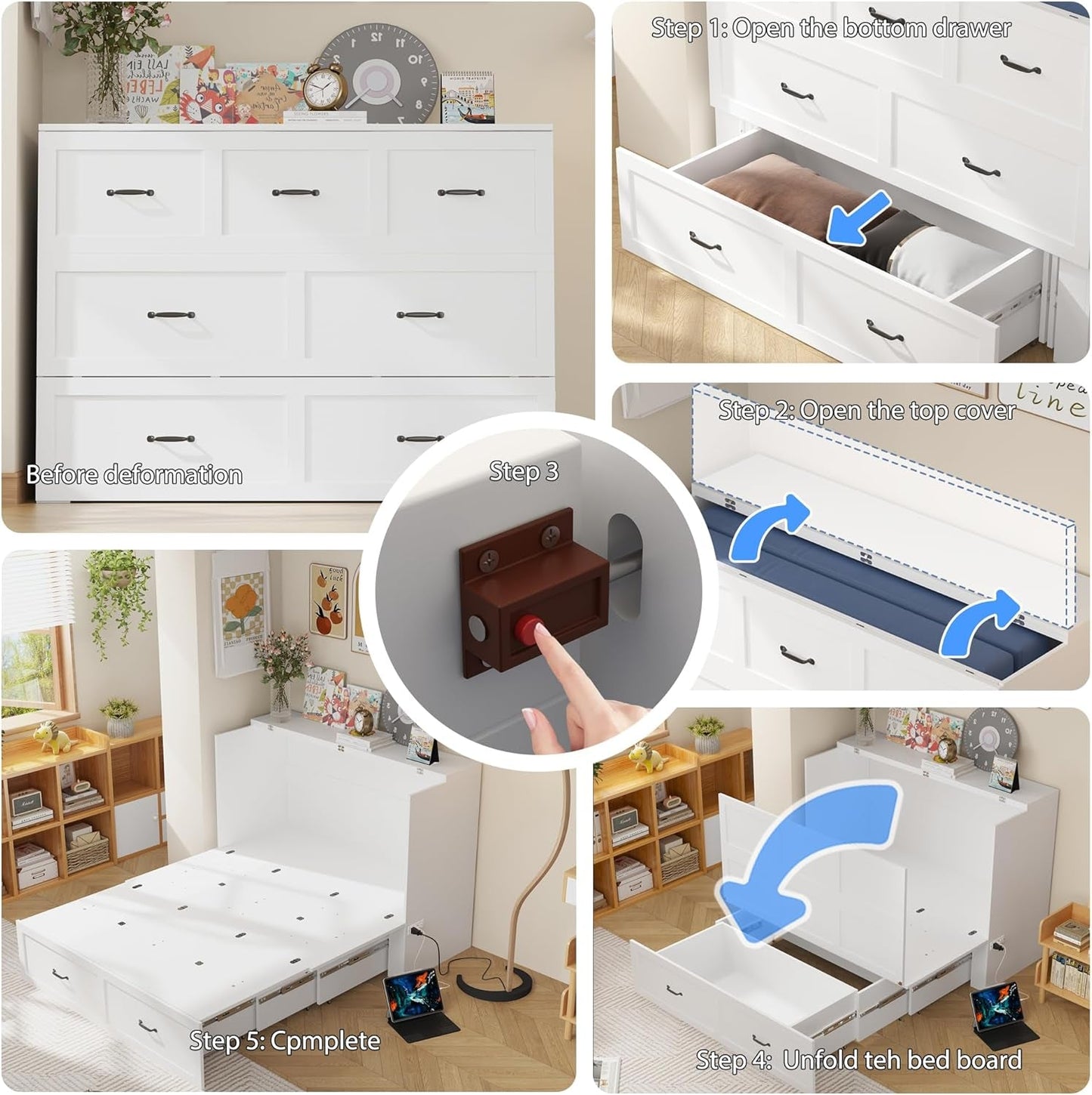 Queen White Foldable Murphy Bed with Power-3