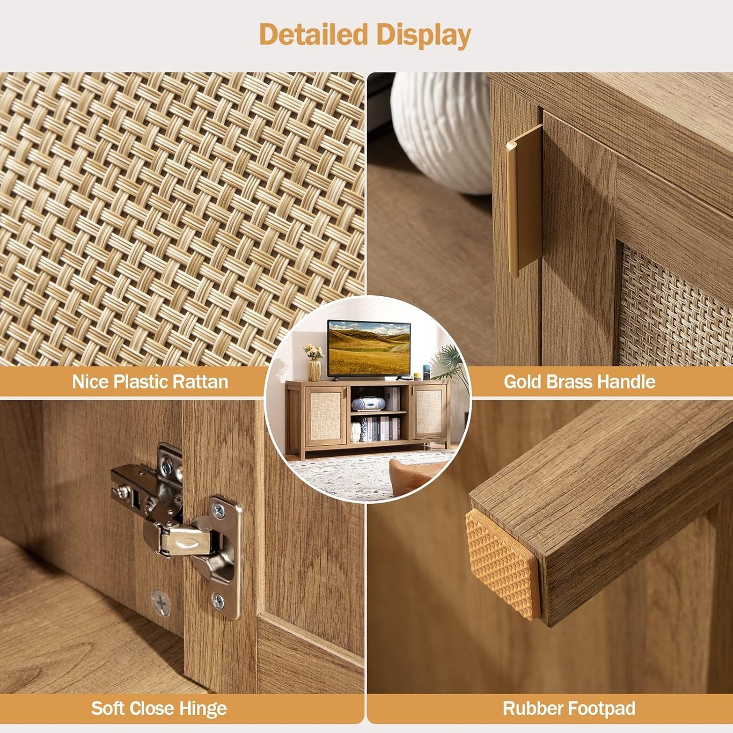 TV Stand for Living Room : Rattan TV Console Cabinet with Storage and Shelf, Boho Entertainment Center, 59" Media Console for 55, 65 Inch TV, 26" Tall Wood Television Stands, Oak-3