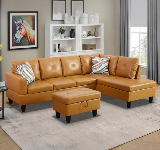 Leather Sectional Sofa Couch,L-Shape Sofa Sectional Couch Set with Storage Ottoman for Living Room/Apartment/Office(Ginger，Facing Right Chaise)-0