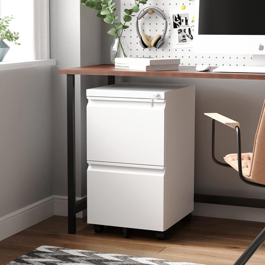 2 Drawer Mobile File Cabinet with Lock,Under Desk Metal Filing Cabinets for Home Office Organizer Letters/Legal/A4(White-Requires Installation)-1
