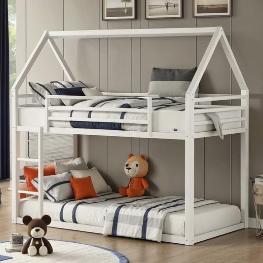 Full over Full Metal Floor Bunk Bed with Safety Guardrails and Roof Design for Kids,Girls, Boys,House Shaped Bunk Bed Frame,No Box Spring Required,White-0