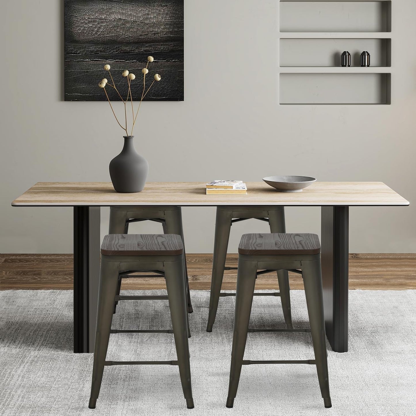 Metal Bar Stools Counter Height Barstool Industrial Bar Chairs Patio Stool Stackable Backless Stool Indoor Outdoor Metal Kitchen Stools Bar Chairs (Bronze with Wood, 24")-1