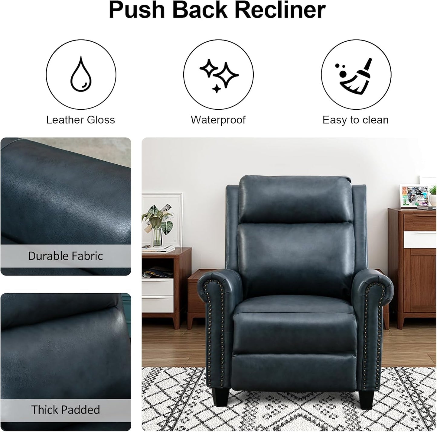 Leather Recliner Chair, Classic and Traditional Push Back Recliner Chair with Comfortable Arms and Back for Living Room Bedroom Adjustable Single Sofa, Navy Blue-4
