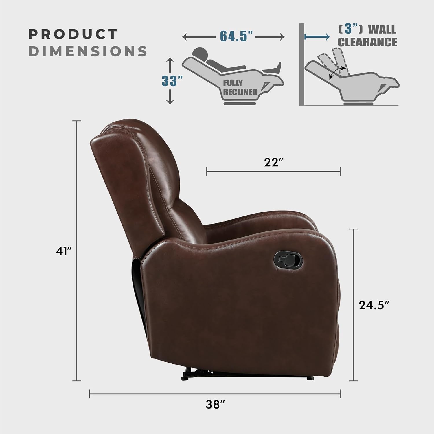 Recliner Chair Living Room Reclining Sofa Chair, Home Theater Seating Modern Recliner, Manual Recliner Sofa Chair for Living Room/Office/Apartment, Wall Hugger Recliner, Brown-1