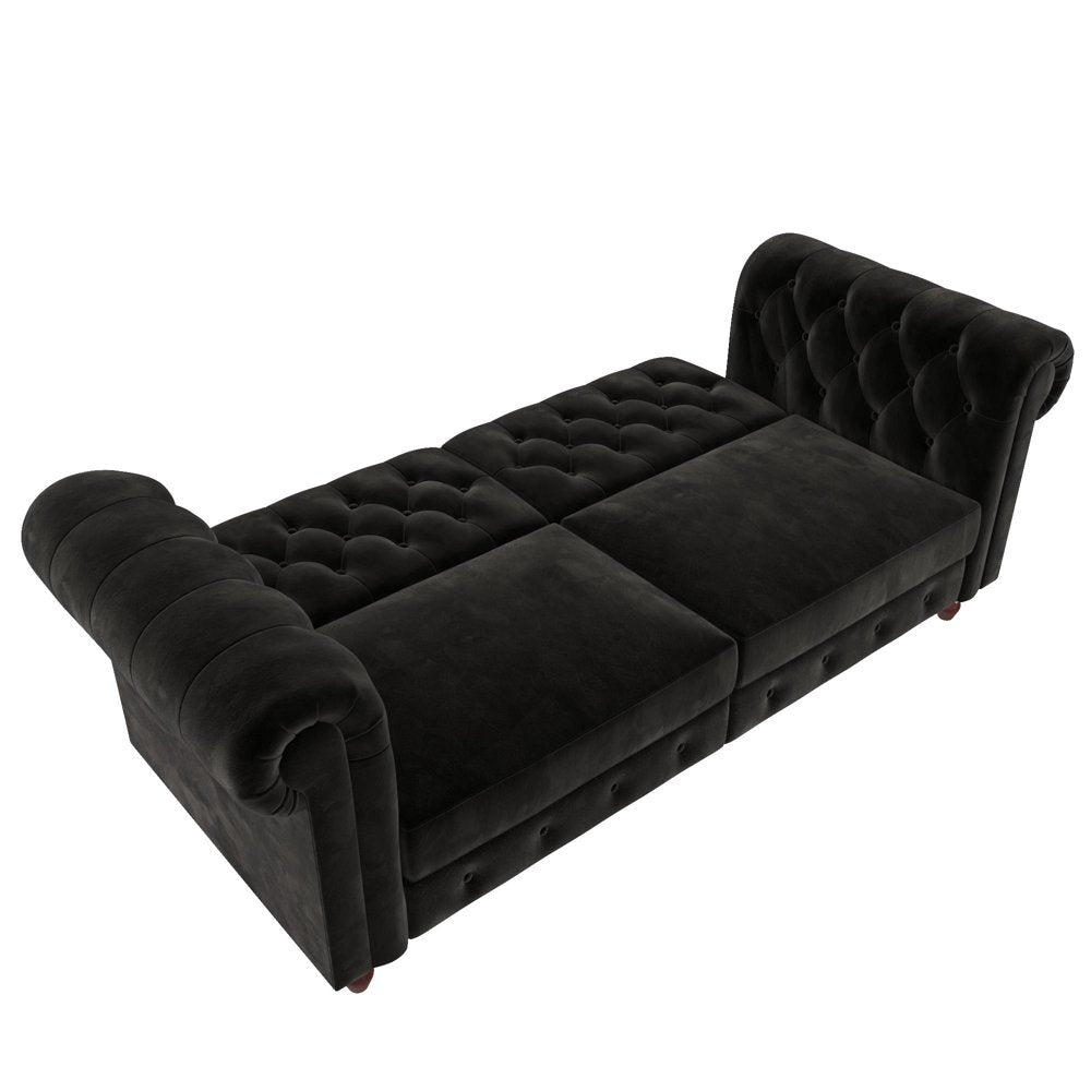 Black Velvet Chesterfield Coil Sofa Futon-3