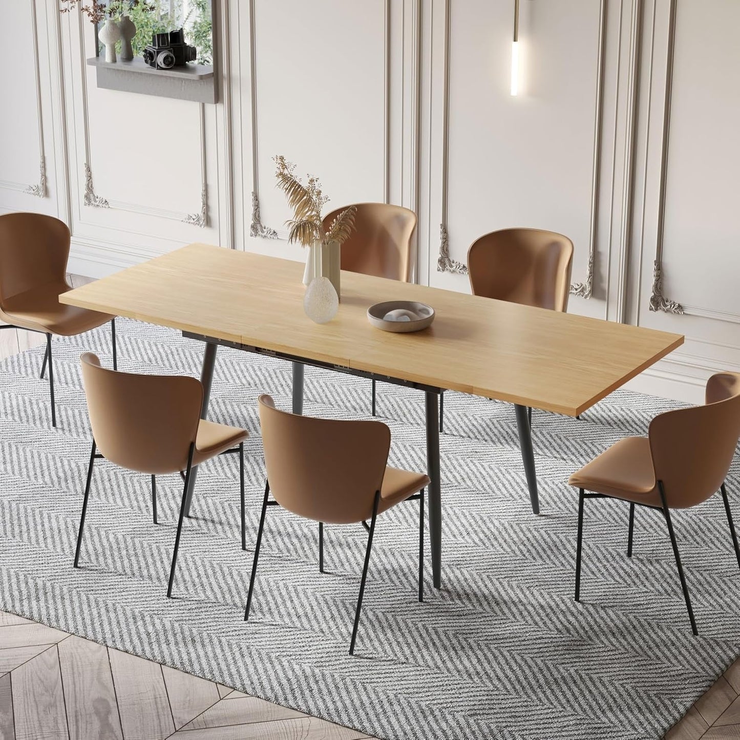 75" X 32" Extendable Dining Table - Rectangle Wooden Table Top with Metal Legs, Space-Saving Extendable 59" to 75" Dining Kitchen Table (Rectangle, Natural)-0