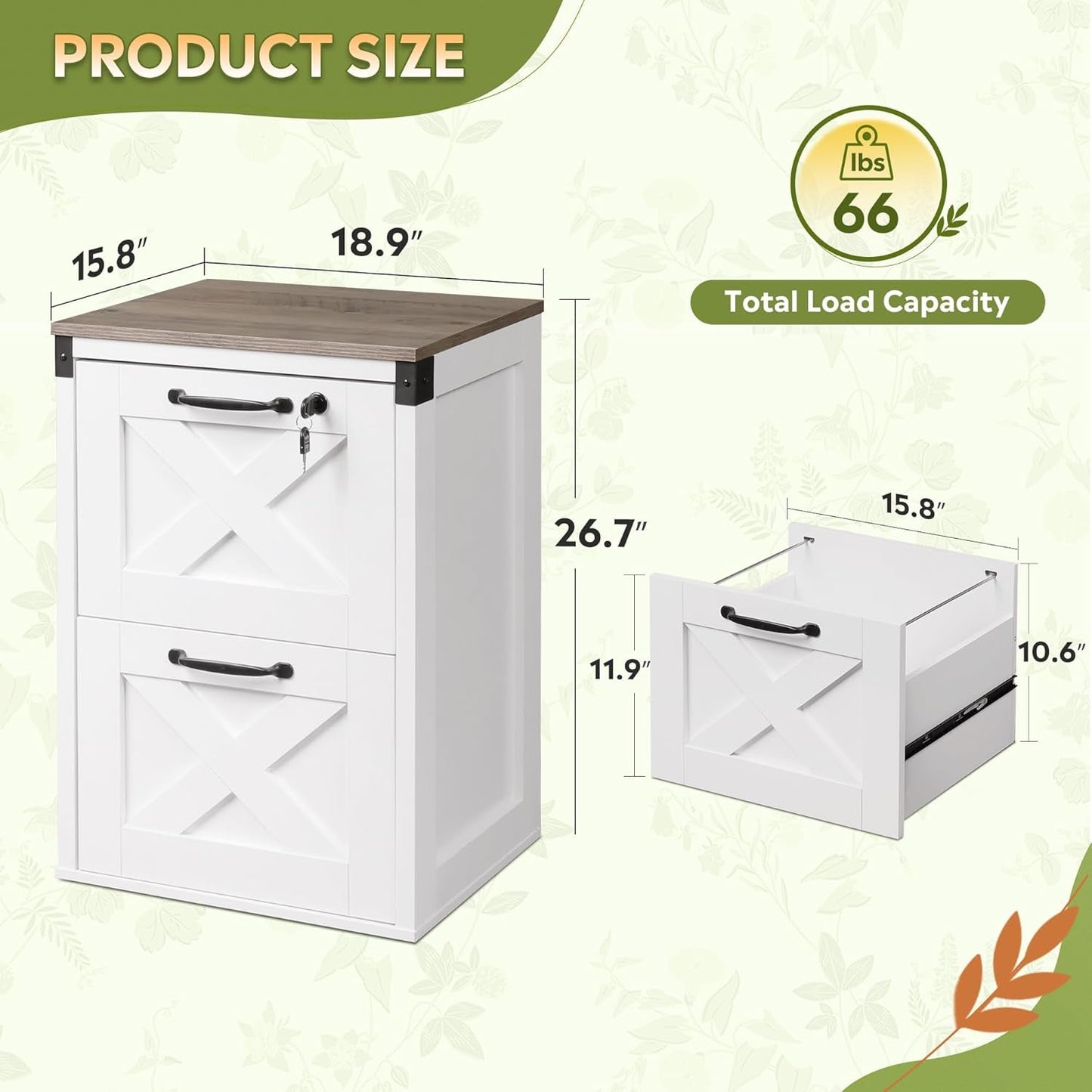 2 Drawer File Cabinet with Lock, Wood Farmhouse Filing Cabinet for Home Office, Printer Stand Fits Letter and A4 Size, White-2