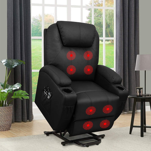 Power Lift Recliner Chair PU Leather with Massage for Elderly Ergonomic Lounge Chair Classic Single Sofa with 2 Cup Holders Side Pockets Home Theater Seat (Leather, Light Black)-1