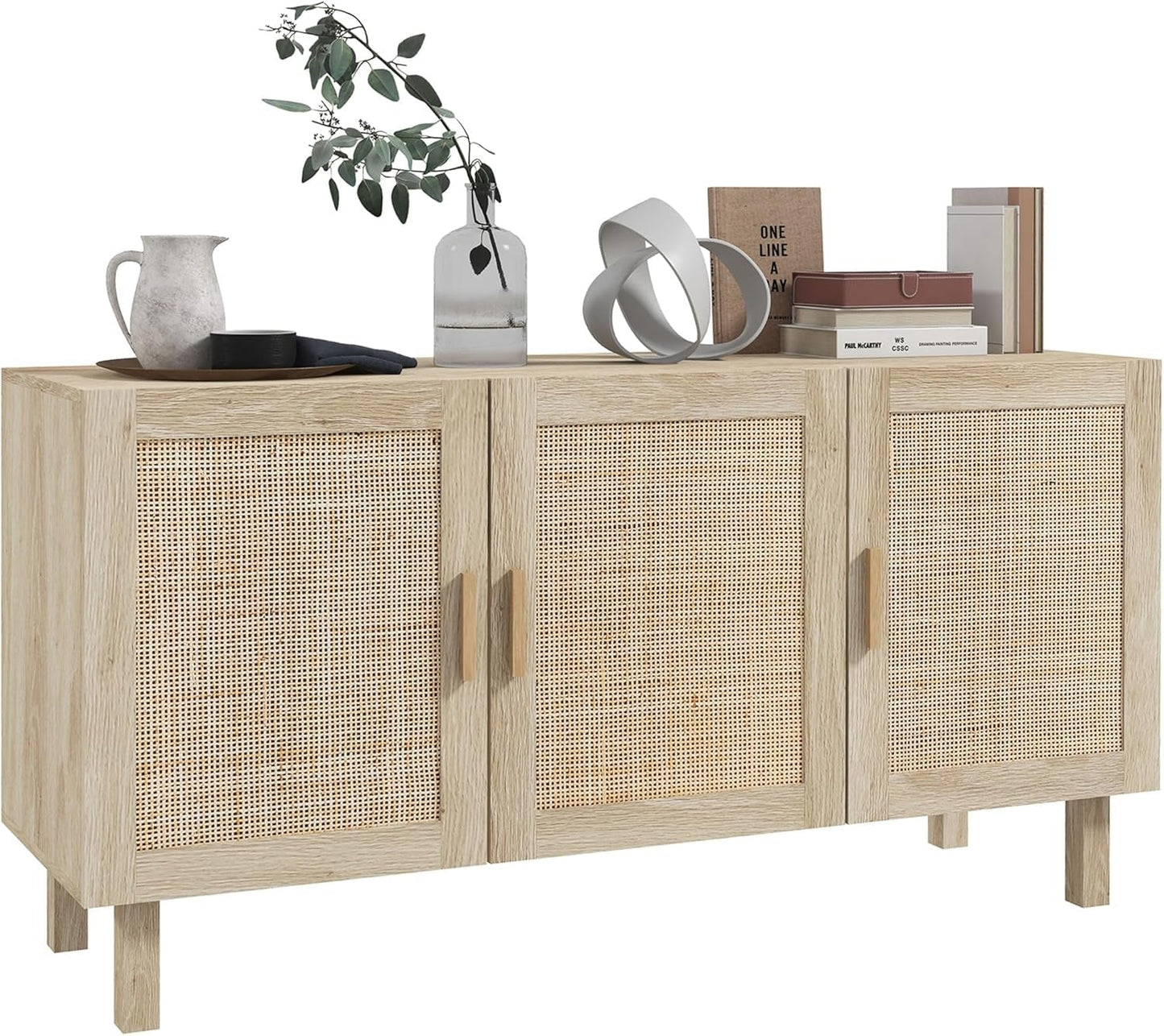 Sideboard Buffet Cabinet, Kitchen Cabinet, Coffee Bar Cabinet with 3 Rattan Doors and Adjustable Shelves, White and Natural-0