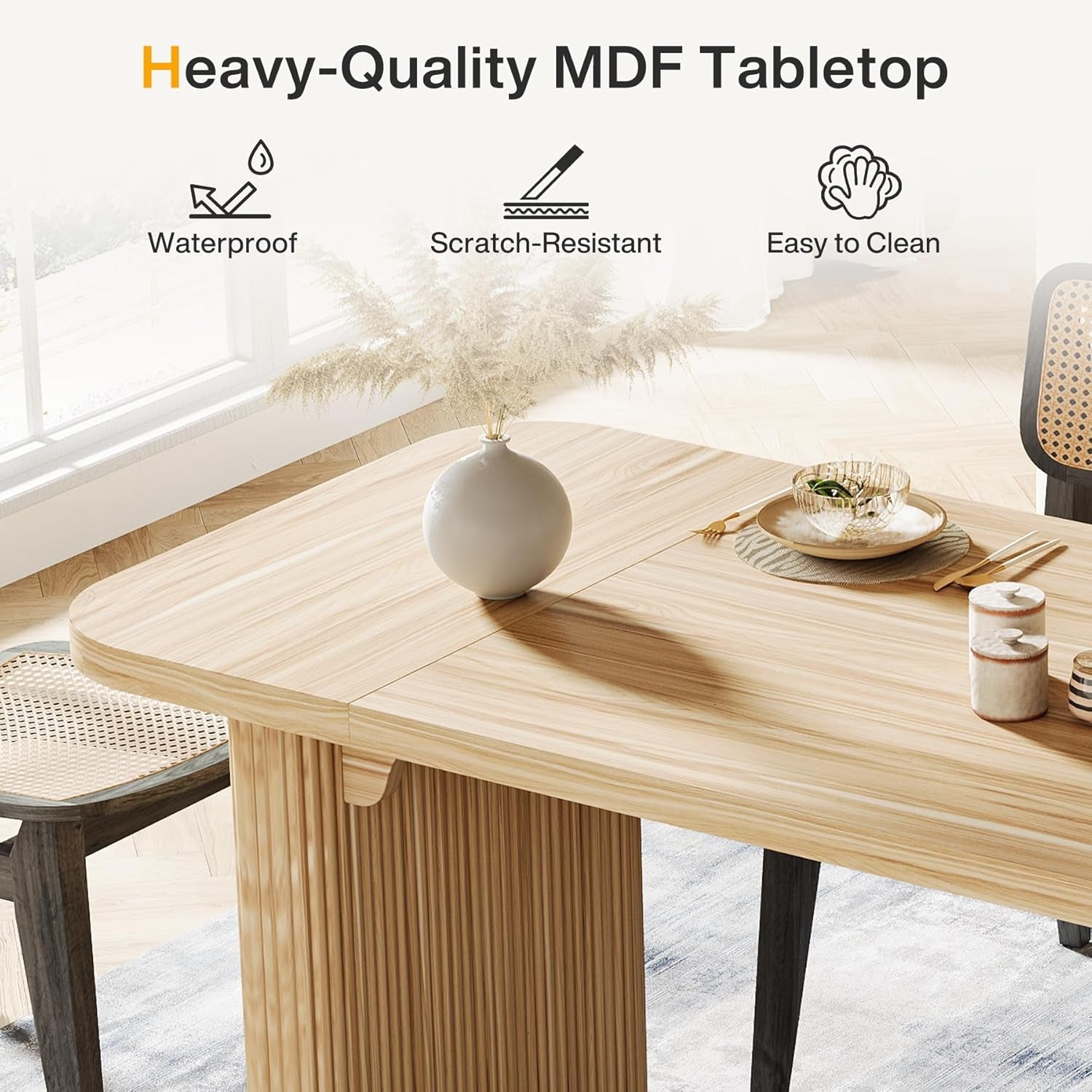 Farmhouse Dining Table for 4-6 People, 62-Inch Modern Kitchen Table with Double Robust Pedestal, Long Rectangular Wooden Dinner Table for Dining Room (Only Table) (Natural)-3