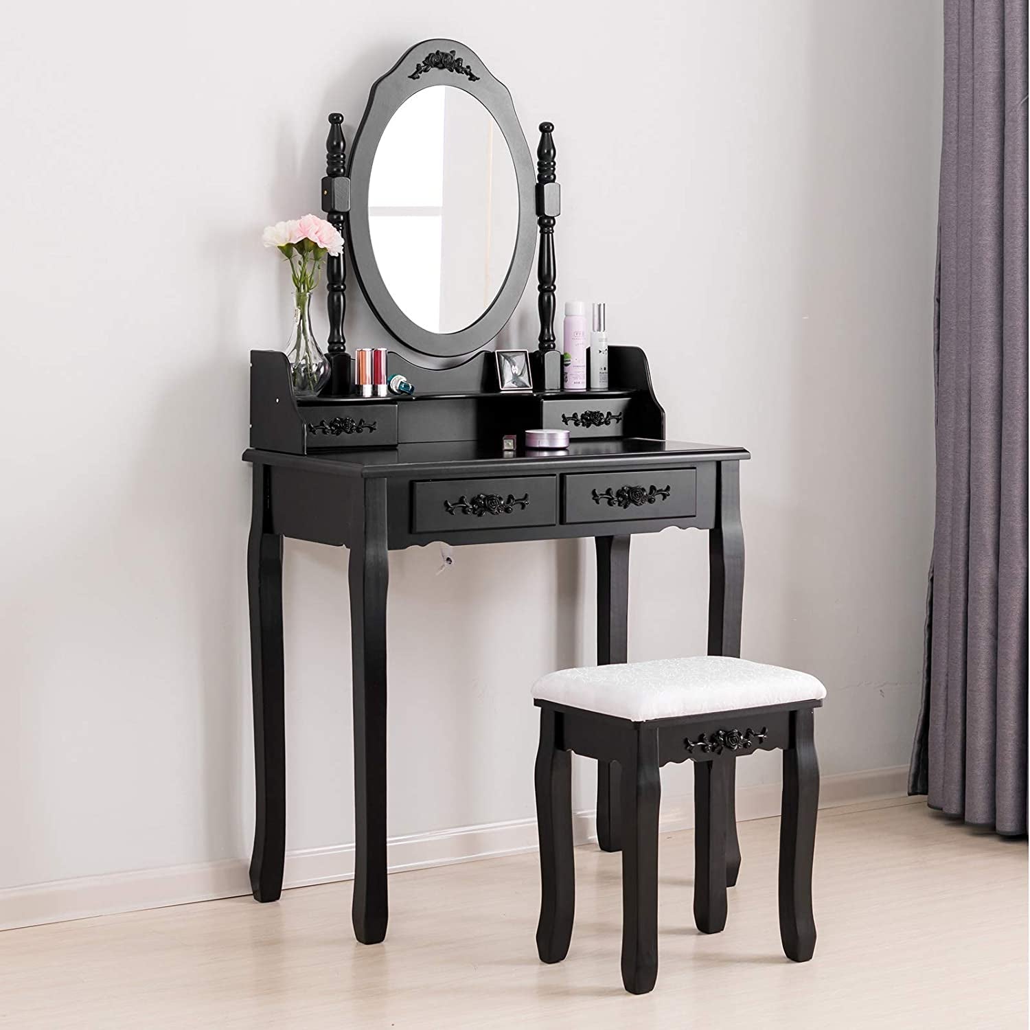 Oval Mirror Makeup Table with Drawer Storage-0
