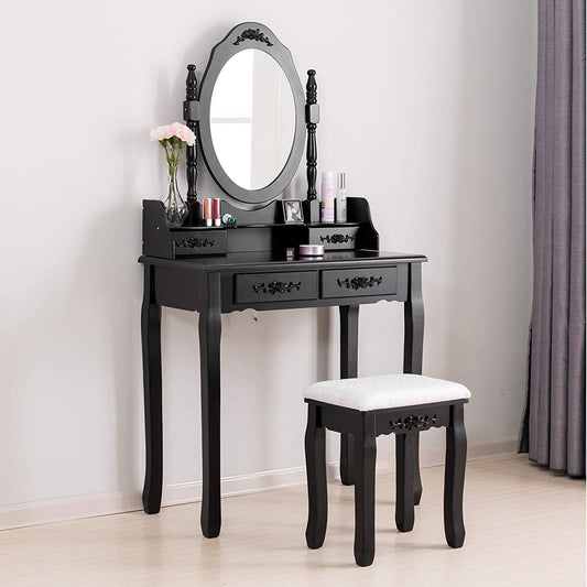Oval Mirror Makeup Table with Drawer Storage-0