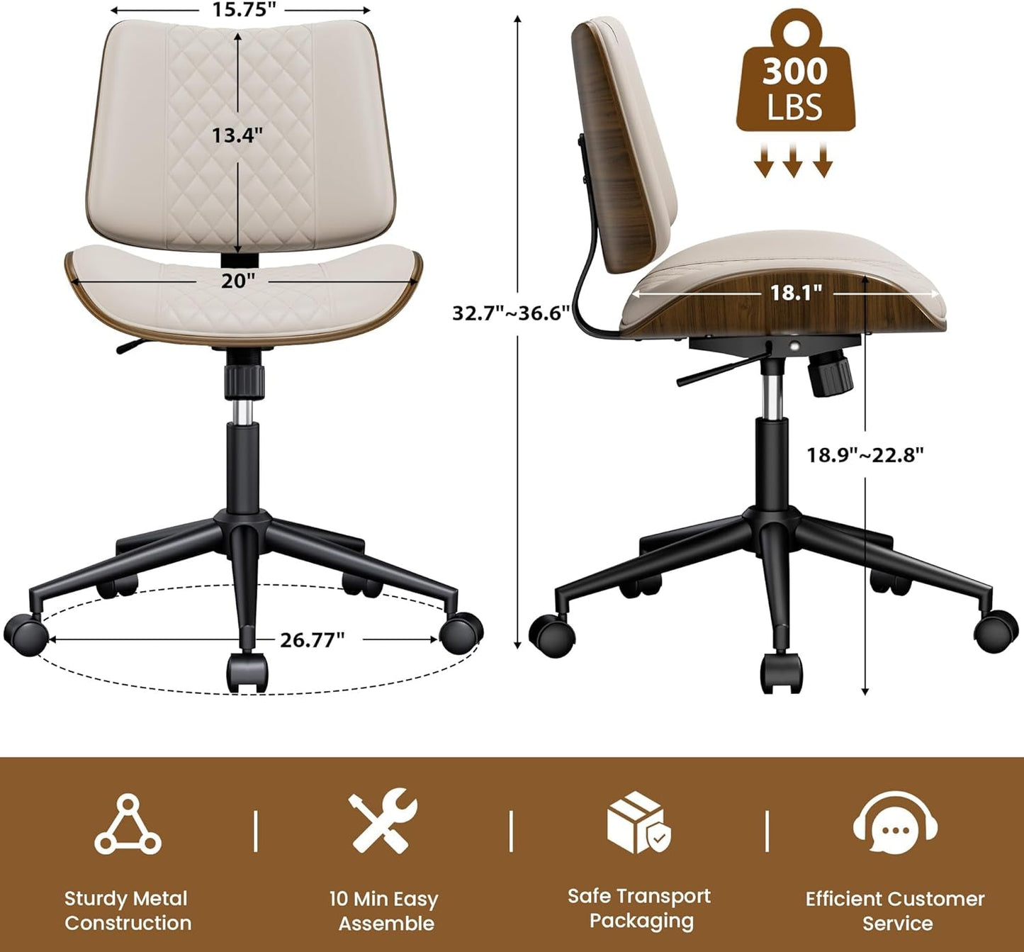 Beige Walnut Desk Chair, Armless, Wheels, Adjustable-2