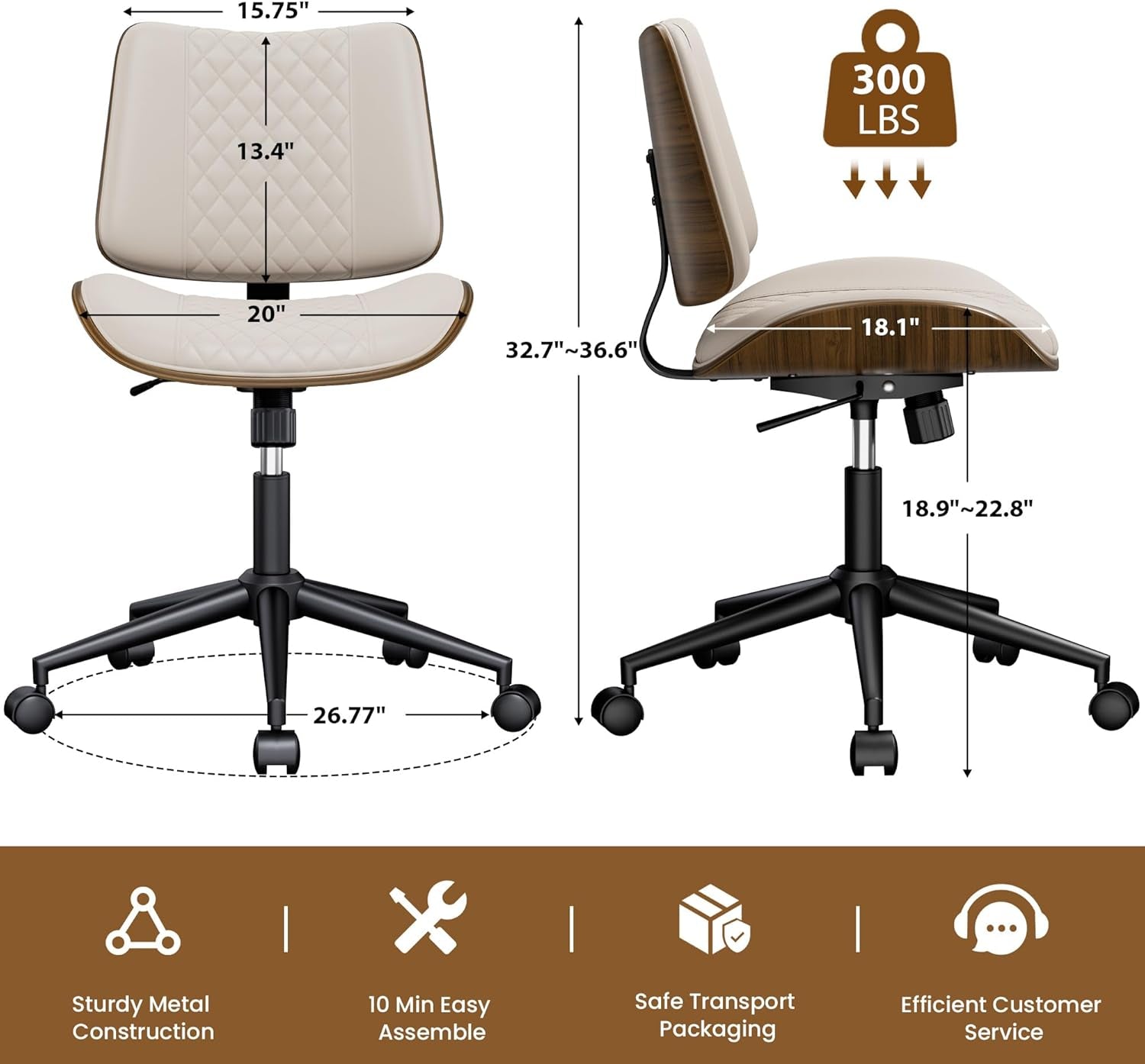 Beige Walnut Desk Chair, Armless, Wheels, Adjustable-2