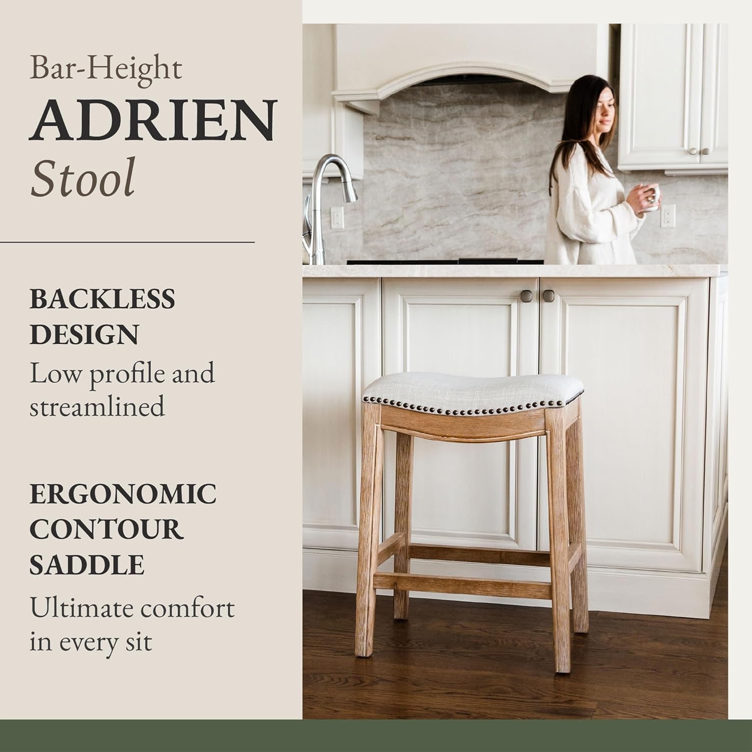 Adrien 31 Inch Bar Height Upholstered Backless Saddle Barstool in Weathered Oak Finish with Sand Color Fabric Cushion Seat, Set of 4-3