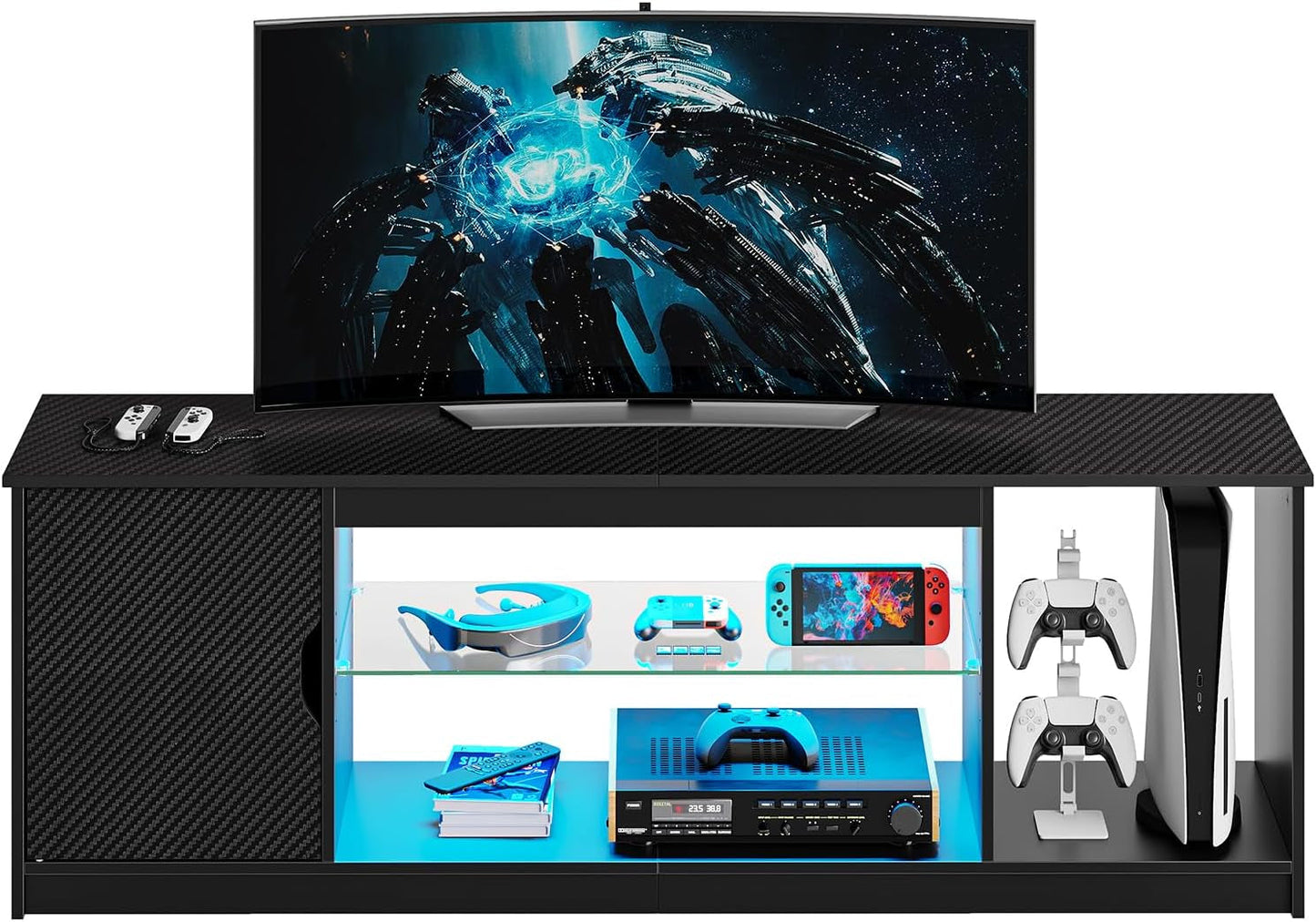 LED TV Stand for 55/60/65 Inch TV, Gaming Entertainment Center with Cabinet for PS5, Xbox,Modern TV Cabinet with Adjustable Glass Shelves for Living Room, Bedroom 58 Inch,Black-2