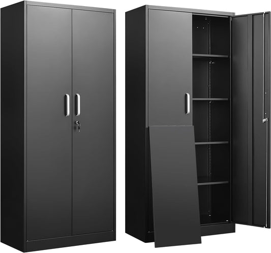Metal Storage Cabinet with Adjustable Shelves, Garage Storage Cabinet with Doors and Shelves, File Cabinets for Home Office, Kitchen Pantry Cabinet, 71'H, Black-0