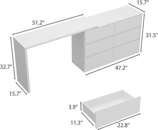 6 Drawer Dresser with Rotatable Tabletop, Modern Chest of Drawers with Extendable Desk (No More than 98" W), Drawer Organizer for Bedroom Home Office, White Dresser-1