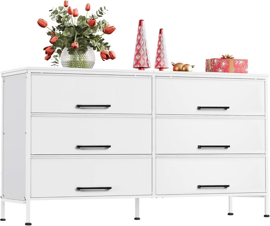 Wide Fabric Dresser, 6 Drawer Dresser TV Stand for 68" TV, Dressers Bedroom Furniture Large Storage Tower Unit with Fabric Bins, White Dresser for Bedroom, Closet, Hallway, White-0