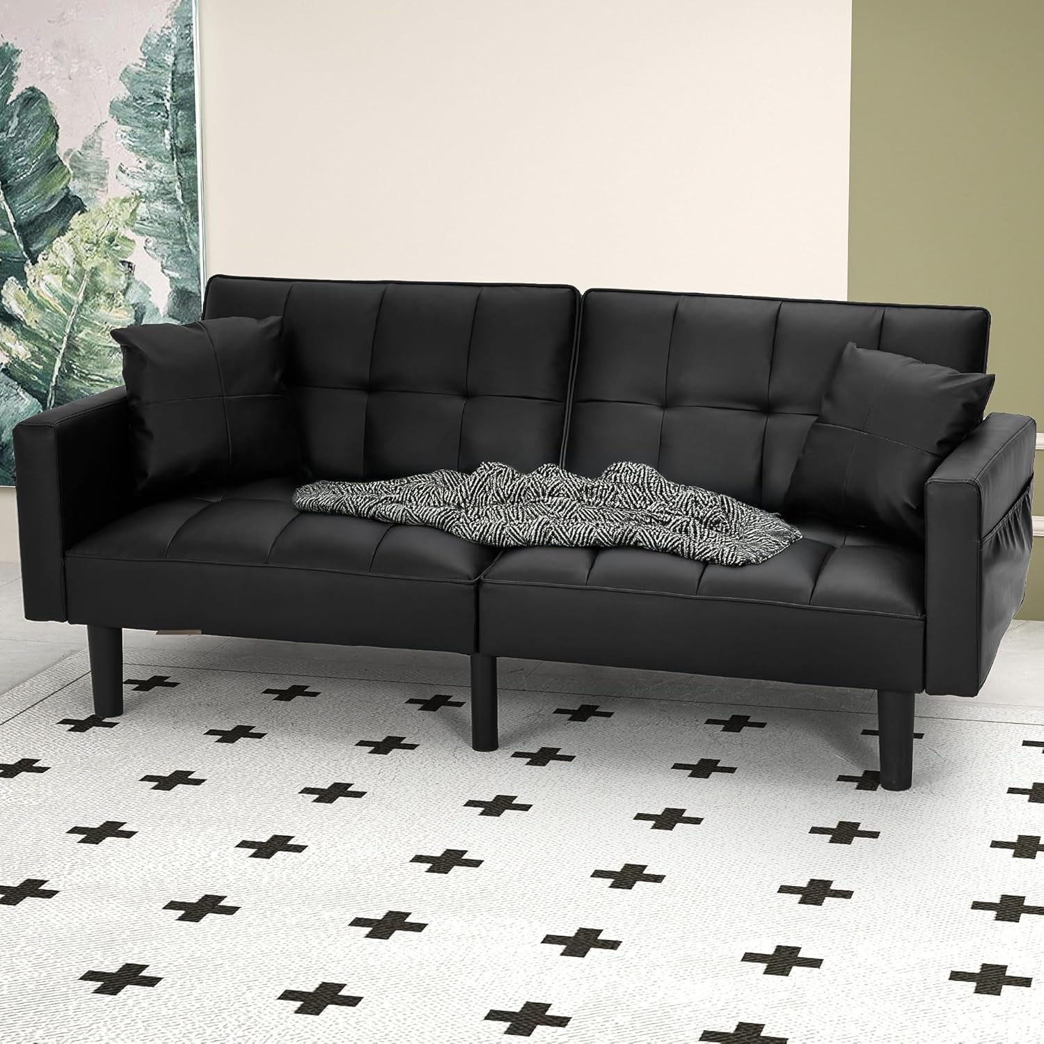 Faux Leather Futon Couch, Convertible Sofa Bed with Adjustable Back, Modern Sleeper Sofa for Living Room, Black-0