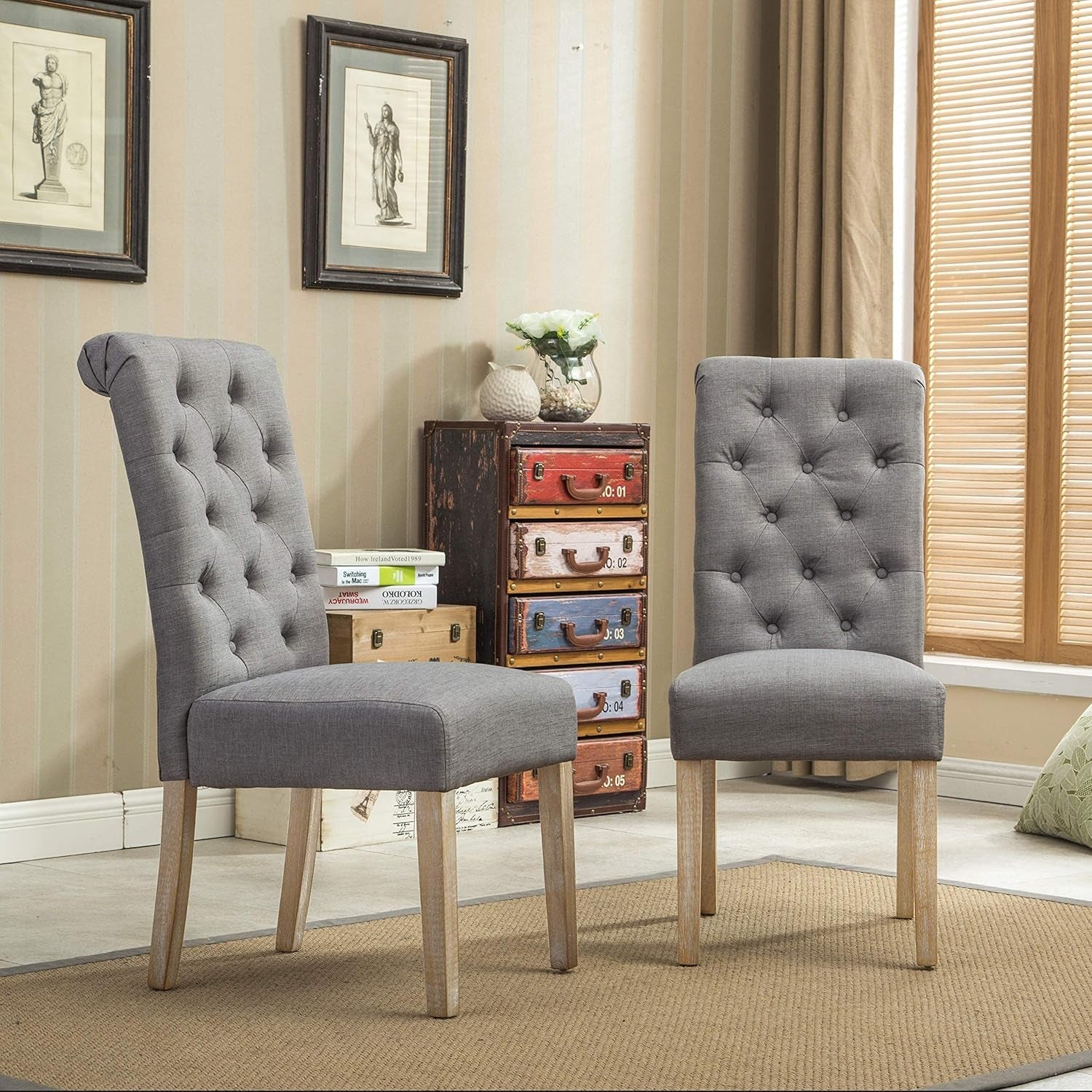 Habit Grey Solid Wood Tufted Parsons Dining Chair (Set of 2), Gray-2