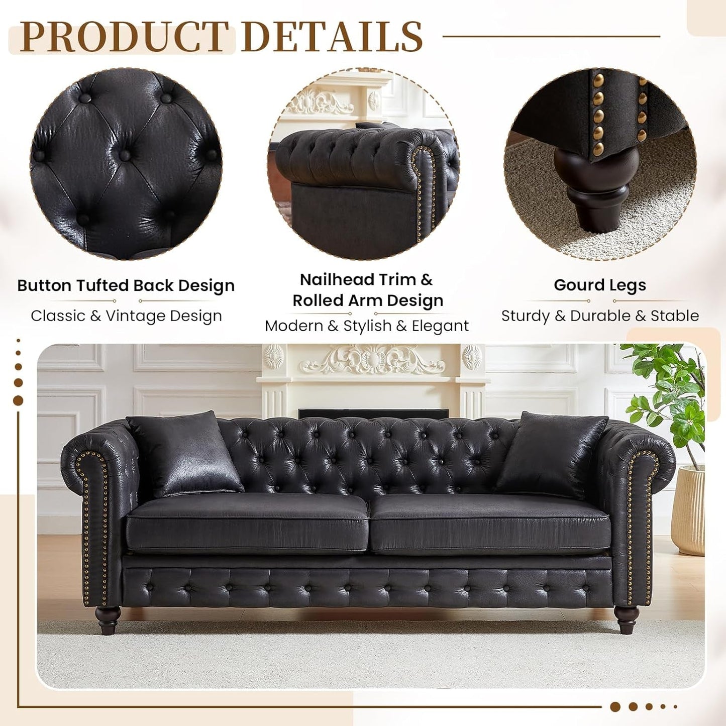 2 Piece Living Room Sofa Set,Button Tufted Couch and Loveseat Set with Nailhead Trim&Roll Armrest,Upholstered Mid Century Modern Couch,Chesterfield Sofa for Living Room,Office(Loveseat+3 Seater,Black)-3