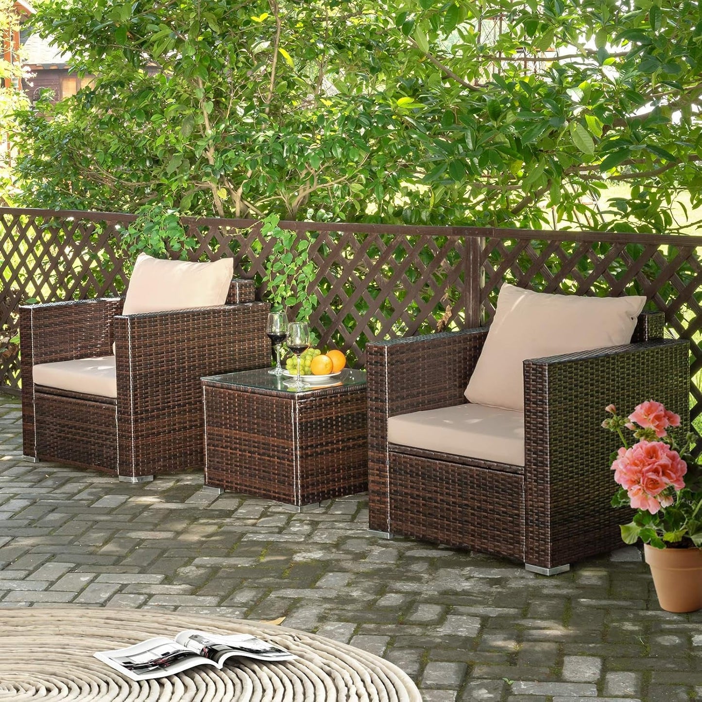 3 Pieces Patio Furniture Set, Outdoor Conversation Rattan Furniture Set W/Washable Cushion and Tempered Glass Tabletop, PE Rattan Wicker Sofa Set for Garden Poolside Balcony-1