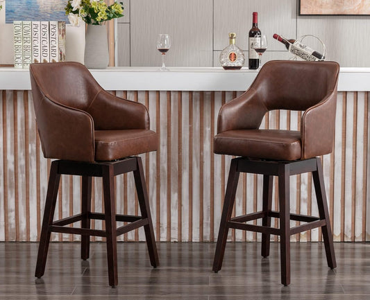 28" PU Leather Counter Height Bar Stool Swivel Farmhouse Bar Stool with Wood Legs Open Back Footrest for Kitchen Island, Brown-1