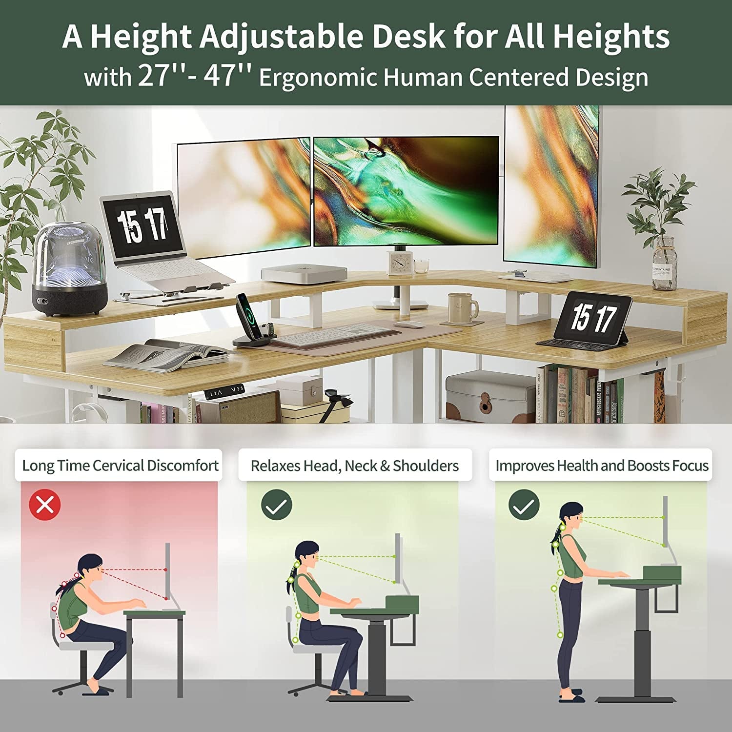 L-Shaped Standing Desk with Shelves, Triple Motors, Oak-4